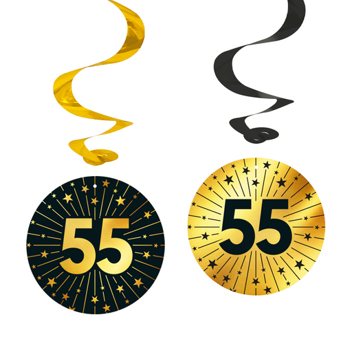 Swirl Hangdecoratie 55 Jaar Zwart/Goud – 4 Stuks