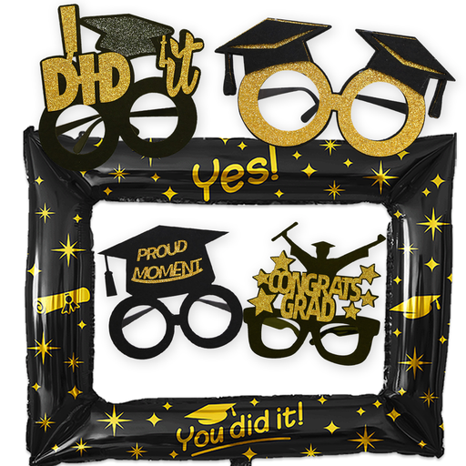 Afstudeerbrillenset met Fotoframe Zwart Goud Wit – 5-delig
