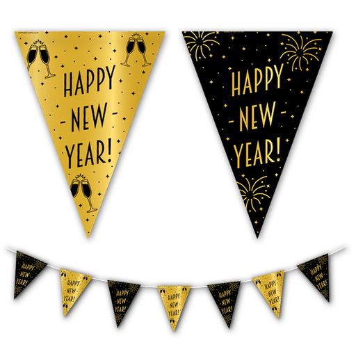 Vlaggenlijn Happy New Year Goud/Zwart 10 m