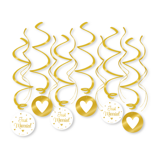Swirl Hangdecoratie Just Married Goud/Wit 70 cm – 6 Stuks