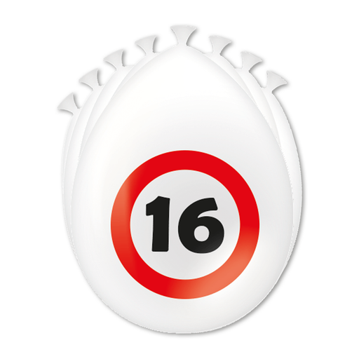 Latex Ballonnen 16 Jaar Verkeersbord Wit/Rood 30 cm