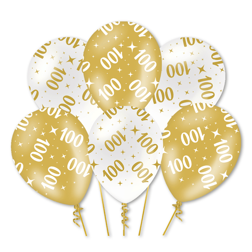 Latex Ballonnen 100 Jaar Wit/Goud 30 cm