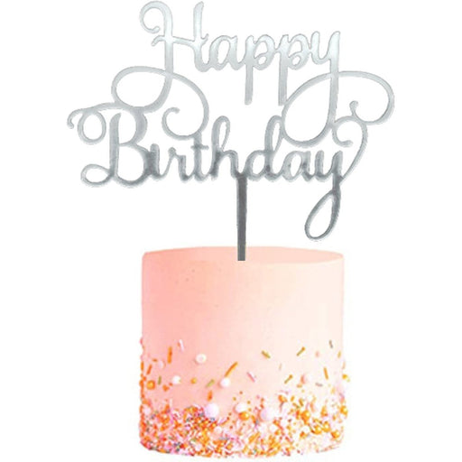 Taarttopper Happy Birthday Zilver – Sierlijk Letterontwerp