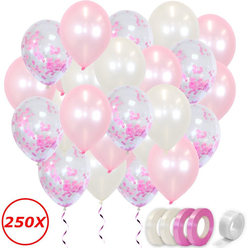 Metallic Latex Ballonnen Roze en Wit met Confetti – 250 Stuks