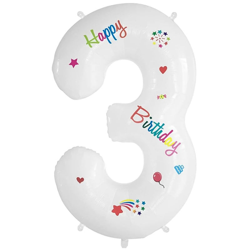 Folie Cijferballon 3 Happy Birthday Wit – 70 cm
