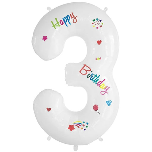 Folie Cijferballon 3 Happy Birthday Wit – 70 cm