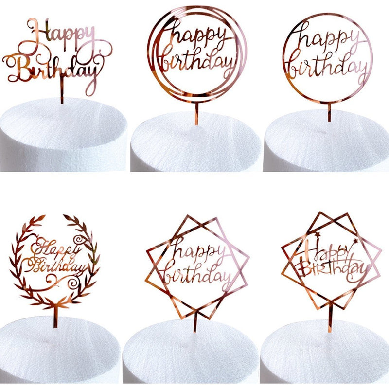 Taarttoppers Happy Birthday Roségoud – 6 Stuks met Krans