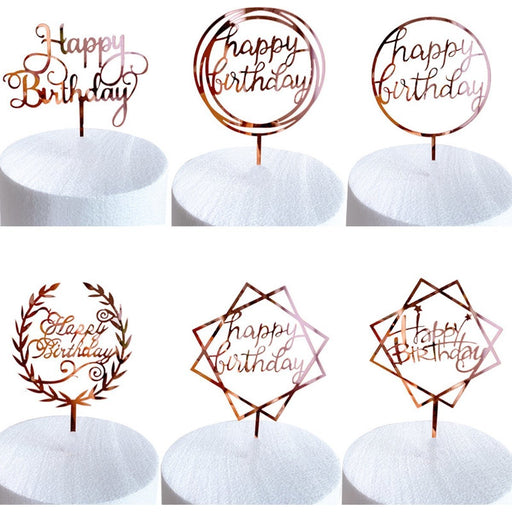 Taarttoppers Happy Birthday Roségoud – 6 Stuks met Krans