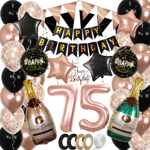Feestpakket Happy Birthday 75 Jaar Roségoud/Zwart – 60-Delig
