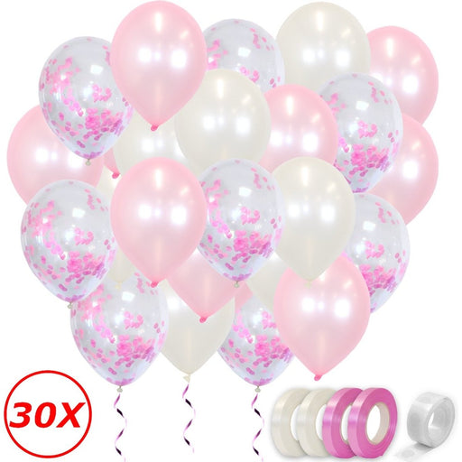 Metallic Latex Ballonnen Roze en Wit met Confetti – 30 Stuks
