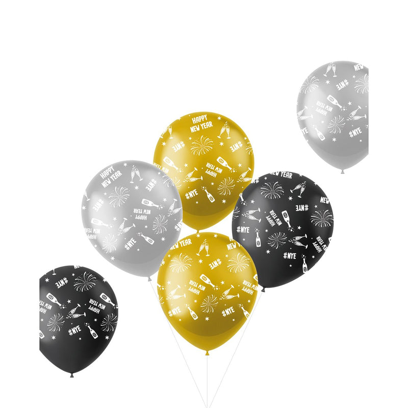 Latex Ballonnen Happy New Year Goud/Zwart/Zilver