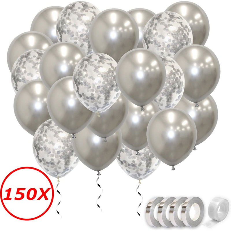 Metallic Latex Ballonnen Zilver met Confetti – 150 Stuks