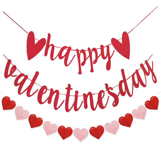 Valentijn Slingerset Happy Valentine's Day Grote Letters en Hartjes – 200 cm – 2 Stuks