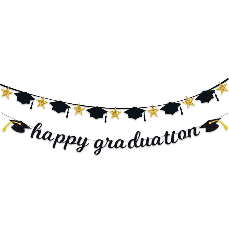 Afstudeerslinger Set Happy Graduation zwart/goud – 2 stuks – 2 x 200 cm
