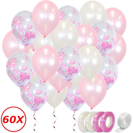 Metallic Latex Ballonnen Roze en Wit met Confetti – 60 Stuks