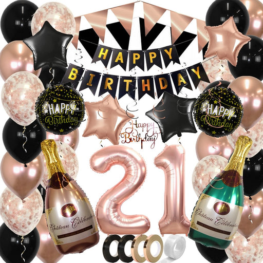 Feestpakket Happy Birthday 21 Jaar Roségoud/Zwart – 60-Delig