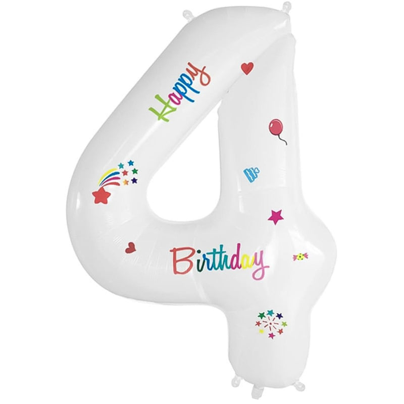 Folie Cijferballon 4 Happy Birthday Wit – 70 cm
