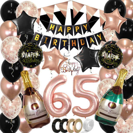 Feestpakket Happy Birthday 65 Jaar Roségoud/Zwart – 60-Delig