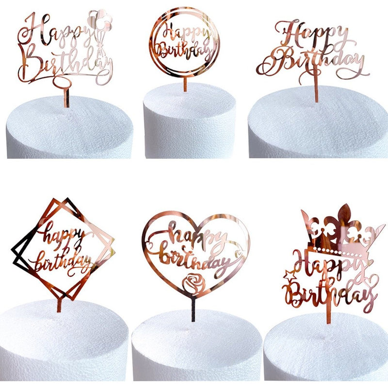 Taarttoppers Happy Birthday Roségoud – 6 Stuks met Kroon