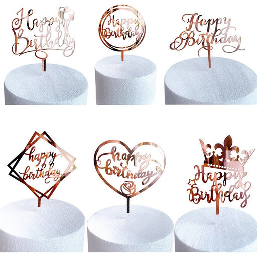 Taarttoppers Happy Birthday Roségoud – 6 Stuks met Kroon
