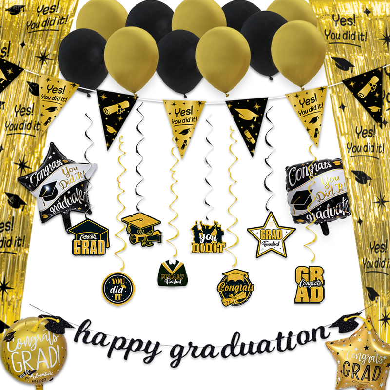 Afstudeer Feestpakket Happy Graduation zwart/goud/wit