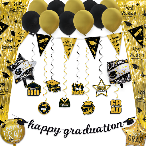Afstudeer Feestpakket Happy Graduation zwart/goud/wit