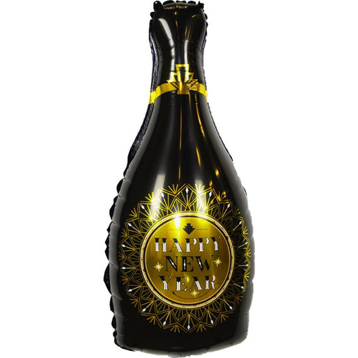 Folieballon Champagnefles Happy New Year Klok Zwart/Goud
