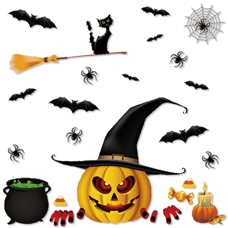 Halloween Raamstickers Heks en kat multicolor – 15 stuks – 1 vel van 20 x 30 cm