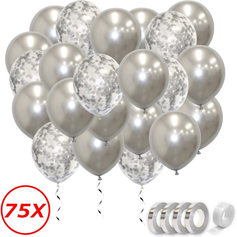 Metallic Latex Ballonnen Zilver met Confetti – 75 Stuks