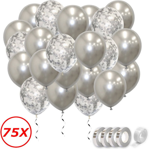 Metallic Latex Ballonnen Zilver met Confetti – 75 Stuks