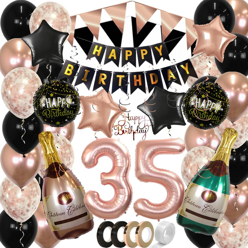 Feestpakket Happy Birthday 35 Jaar Roségoud/Zwart – 60-Delig