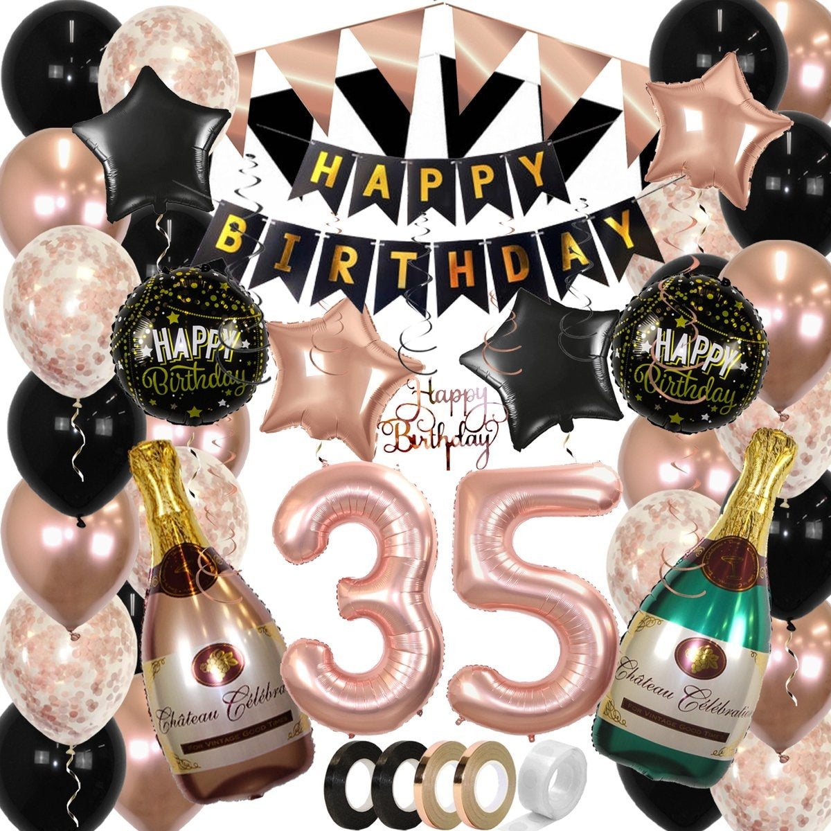 Feestpakket Happy Birthday 35 Jaar Roségoud/Zwart – 60-Delig