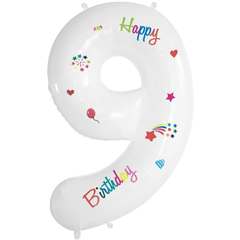 Folie Cijferballon 9 Happy Birthday Wit – 70 cm