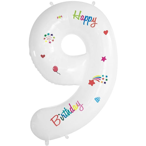 Folie Cijferballon 9 Happy Birthday Wit – 70 cm