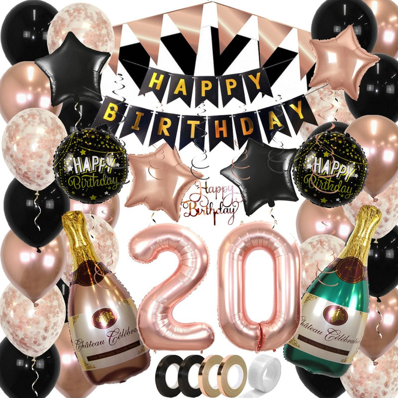 Feestpakket Happy Birthday 20 Jaar Roségoud/Zwart – 60-Delig