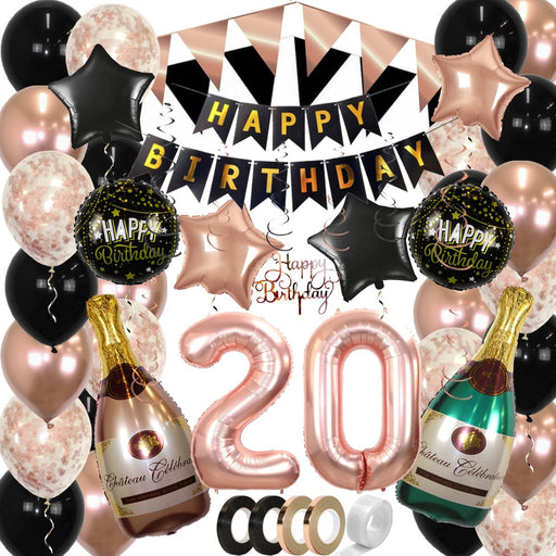 Feestpakket Happy Birthday 20 Jaar Roségoud/Zwart – 60-Delig