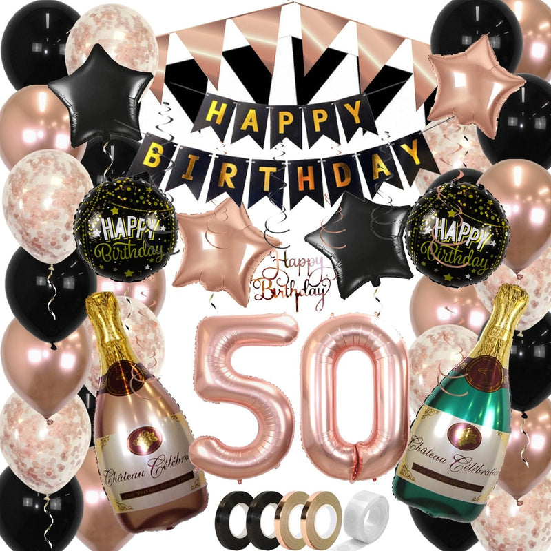 Feestpakket Happy Birthday 50 Jaar Roségoud/Zwart – 60-Delig