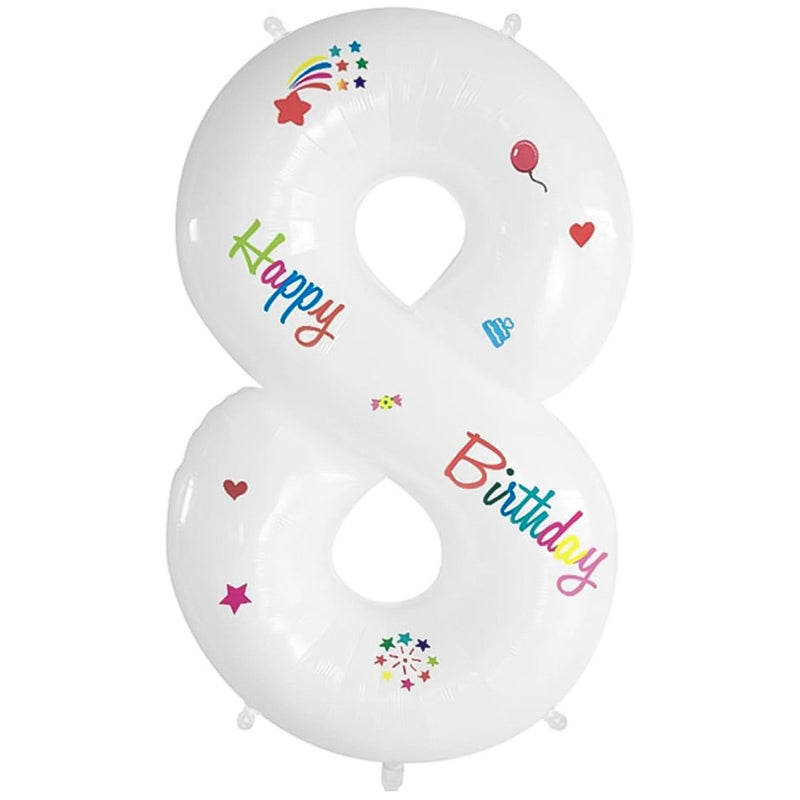 Folie Cijferballon 8 Happy Birthday Wit – 70 cm