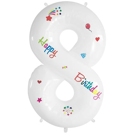 Folie Cijferballon 8 Happy Birthday Wit – 70 cm