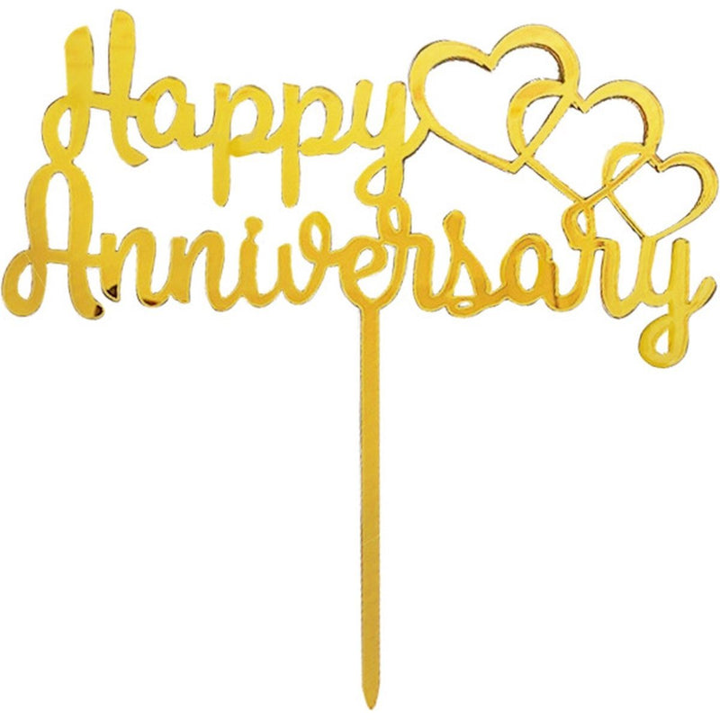 Taarttopper Happy Anniversary Goud – Met Hartjes