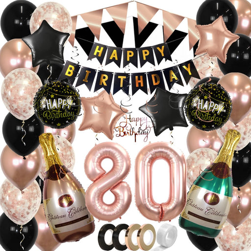 Feestpakket Happy Birthday 80 Jaar Roségoud/Zwart – 60-Delig