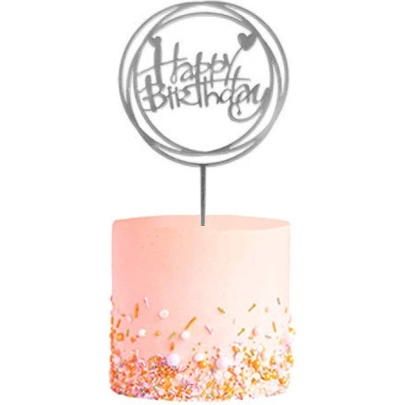 Taarttopper Happy Birthday Zilver – Rond met Hartjes
