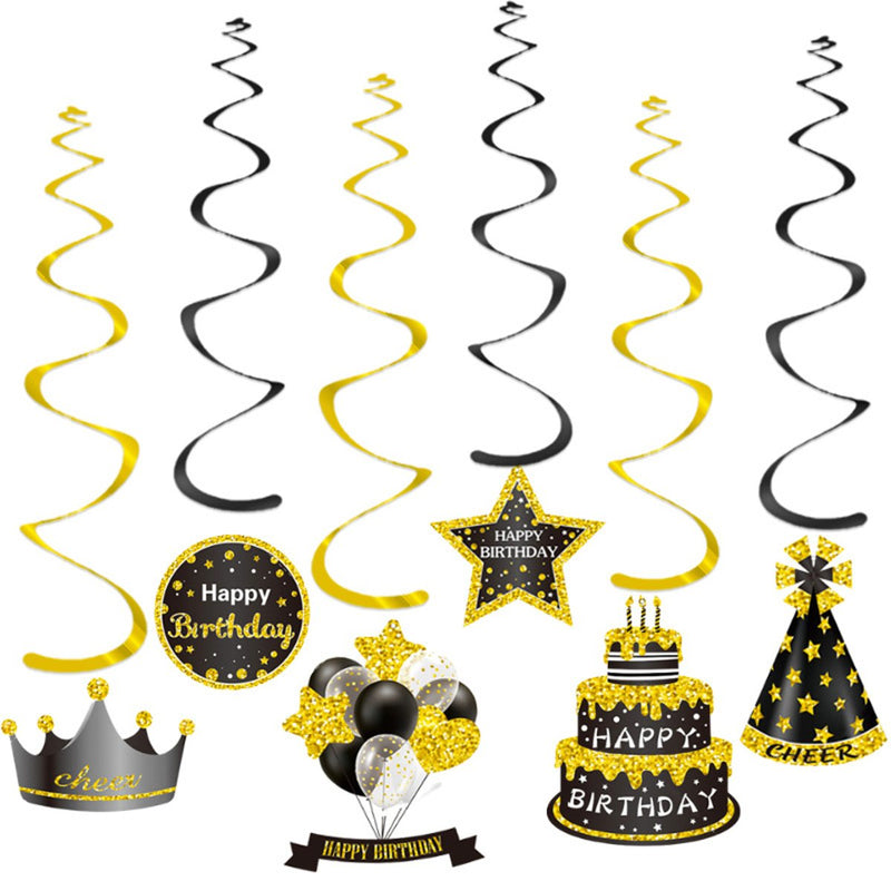 Hangdecoratie Happy Birthday zwart/goud – 6 stuks – 55 cm