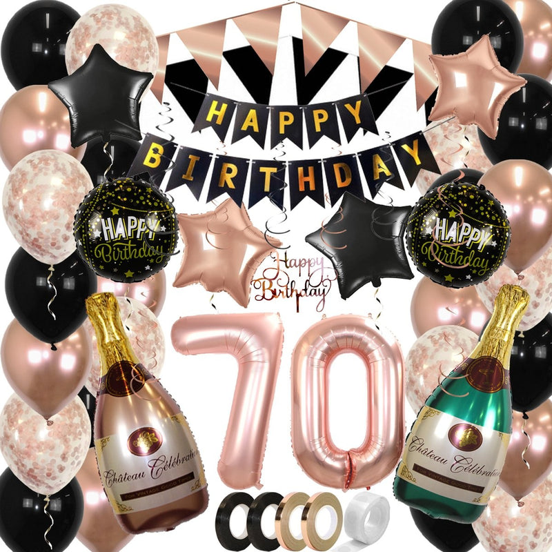 Feestpakket Happy Birthday 70 Jaar Roségoud/Zwart – 60-Delig
