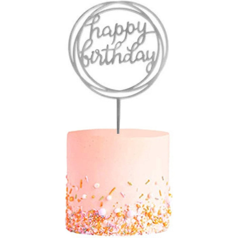 Taarttopper Happy Birthday Zilver – Dubbele Cirkel