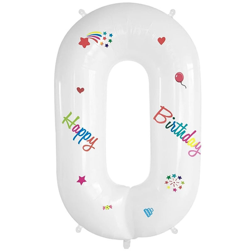 Folie Cijferballon 0 Happy Birthday Wit – 70 cm