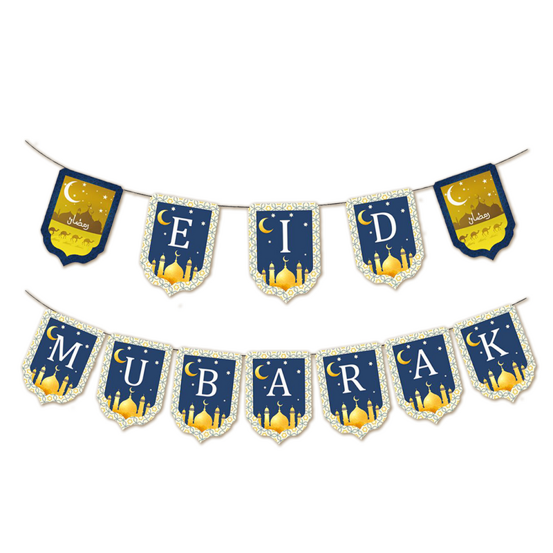 Vlaggenlijn Eid Mubarak blauw/goud – vlaggetjes 14,5 x 18,5 cm