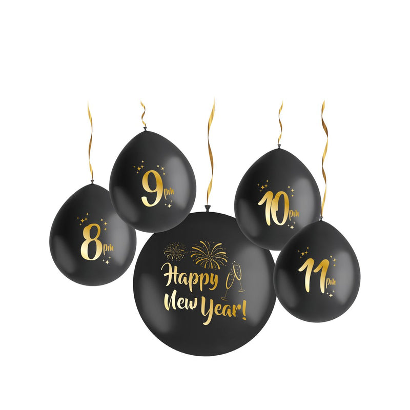 Latex Ballonnen Happy New Year Zwart/Goud