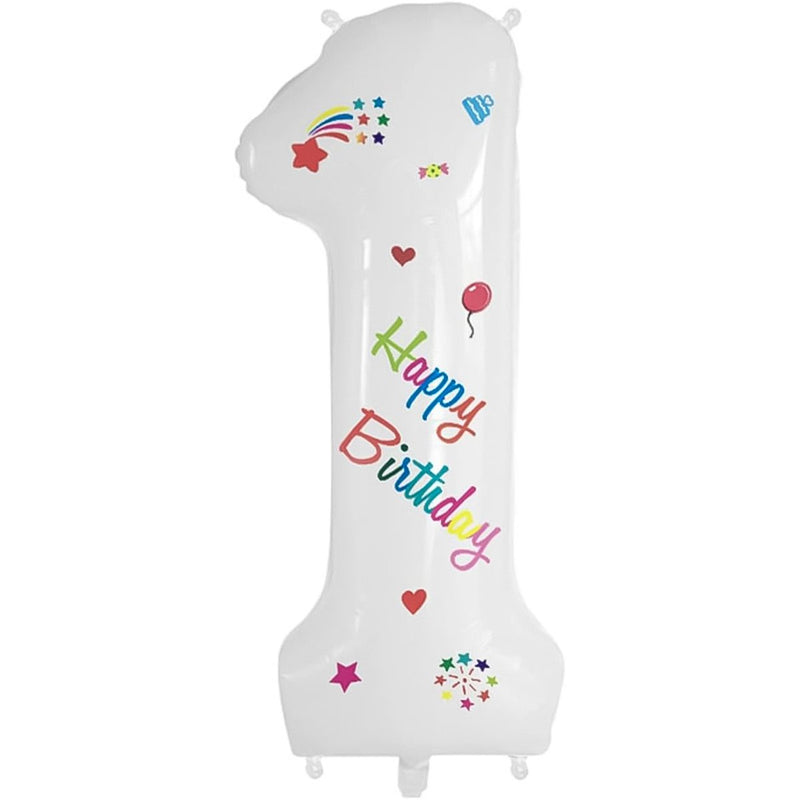 Folie Cijferballon 1 Happy Birthday Wit – 70 cm