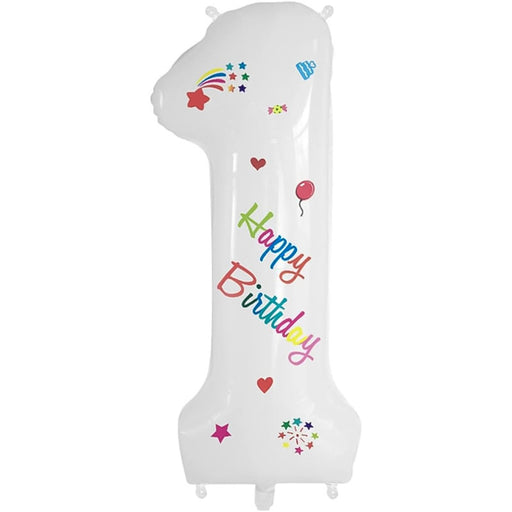 Folie Cijferballon 1 Happy Birthday Wit – 70 cm